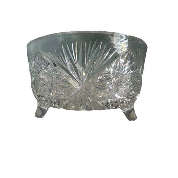 Vintage Crystal 3 Footed Cut Glass Bowl Pinwheel Star of David Home Decor Dish - Picture 10 of 16